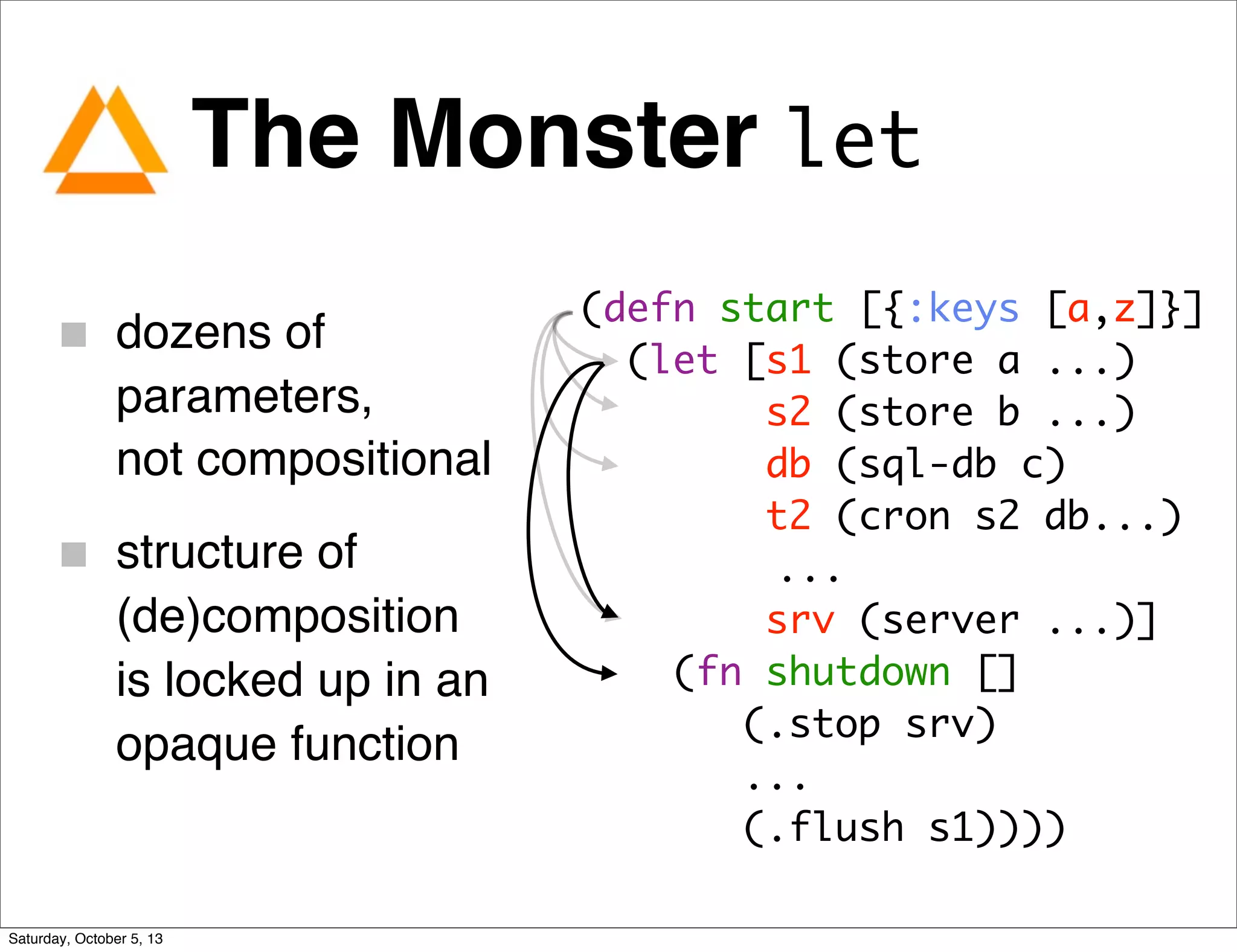 The Monster let
dozens of
parameters,
not compositional
structure of
(de)composition
is locked up in an
opaque function
(defn start [{:keys [a,z]}]
(let [s1 (store a ...)
s2 (store b ...)
db (sql-db c)
t2 (cron s2 db...)
...
srv (server ...)]
(fn shutdown []
(.stop srv)
...
(.flush s1))))
Saturday, October 5, 13
 