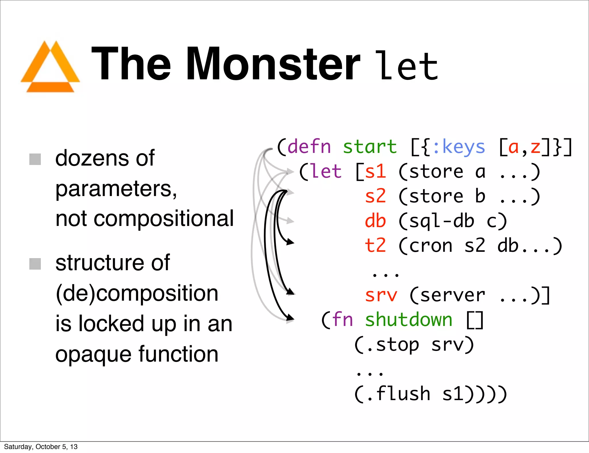 The Monster let
dozens of
parameters,
not compositional
structure of
(de)composition
is locked up in an
opaque function
(defn start [{:keys [a,z]}]
(let [s1 (store a ...)
s2 (store b ...)
db (sql-db c)
t2 (cron s2 db...)
...
srv (server ...)]
(fn shutdown []
(.stop srv)
...
(.flush s1))))
Saturday, October 5, 13
 