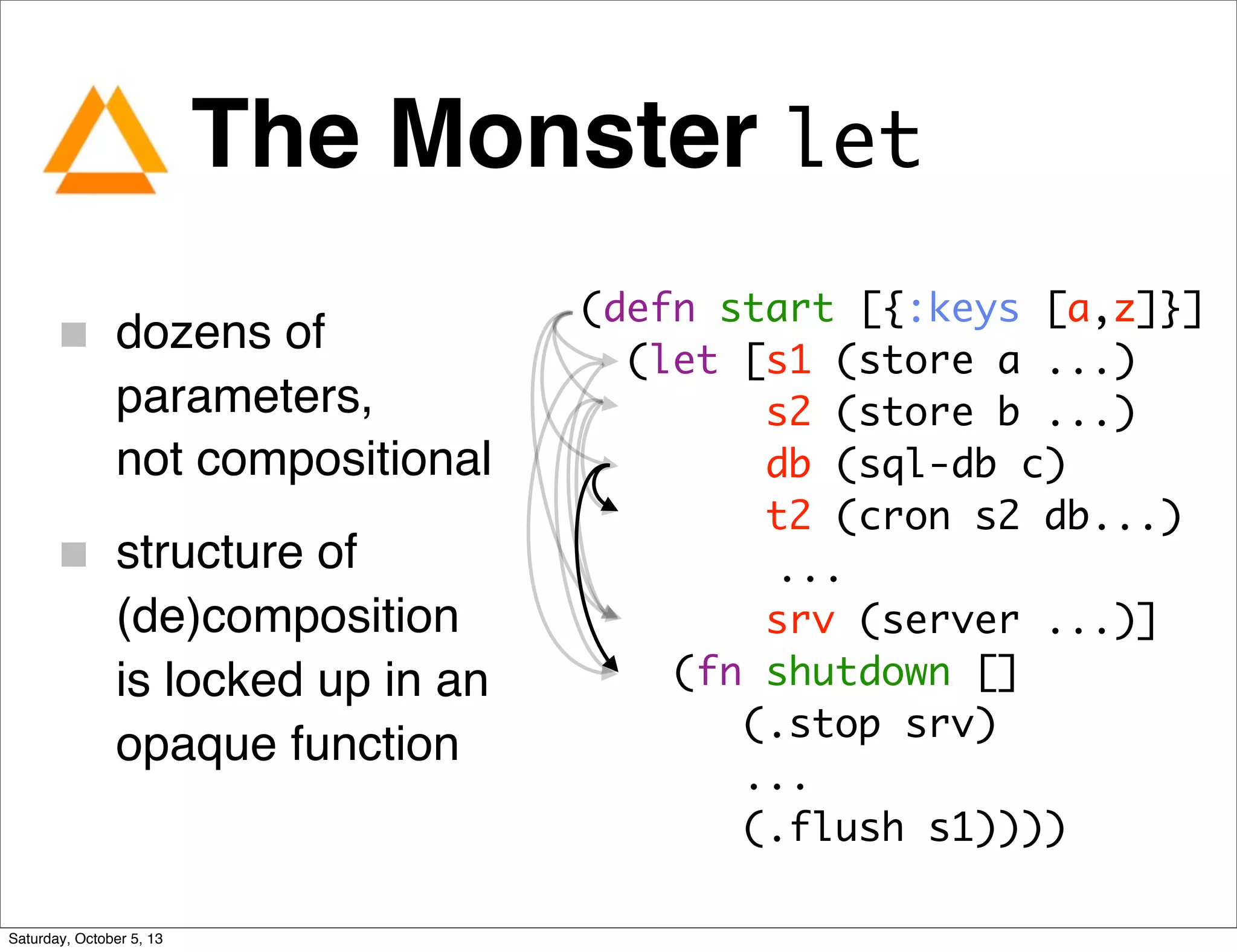 The Monster let
dozens of
parameters,
not compositional
structure of
(de)composition
is locked up in an
opaque function
(defn start [{:keys [a,z]}]
(let [s1 (store a ...)
s2 (store b ...)
db (sql-db c)
t2 (cron s2 db...)
...
srv (server ...)]
(fn shutdown []
(.stop srv)
...
(.flush s1))))
Saturday, October 5, 13
 