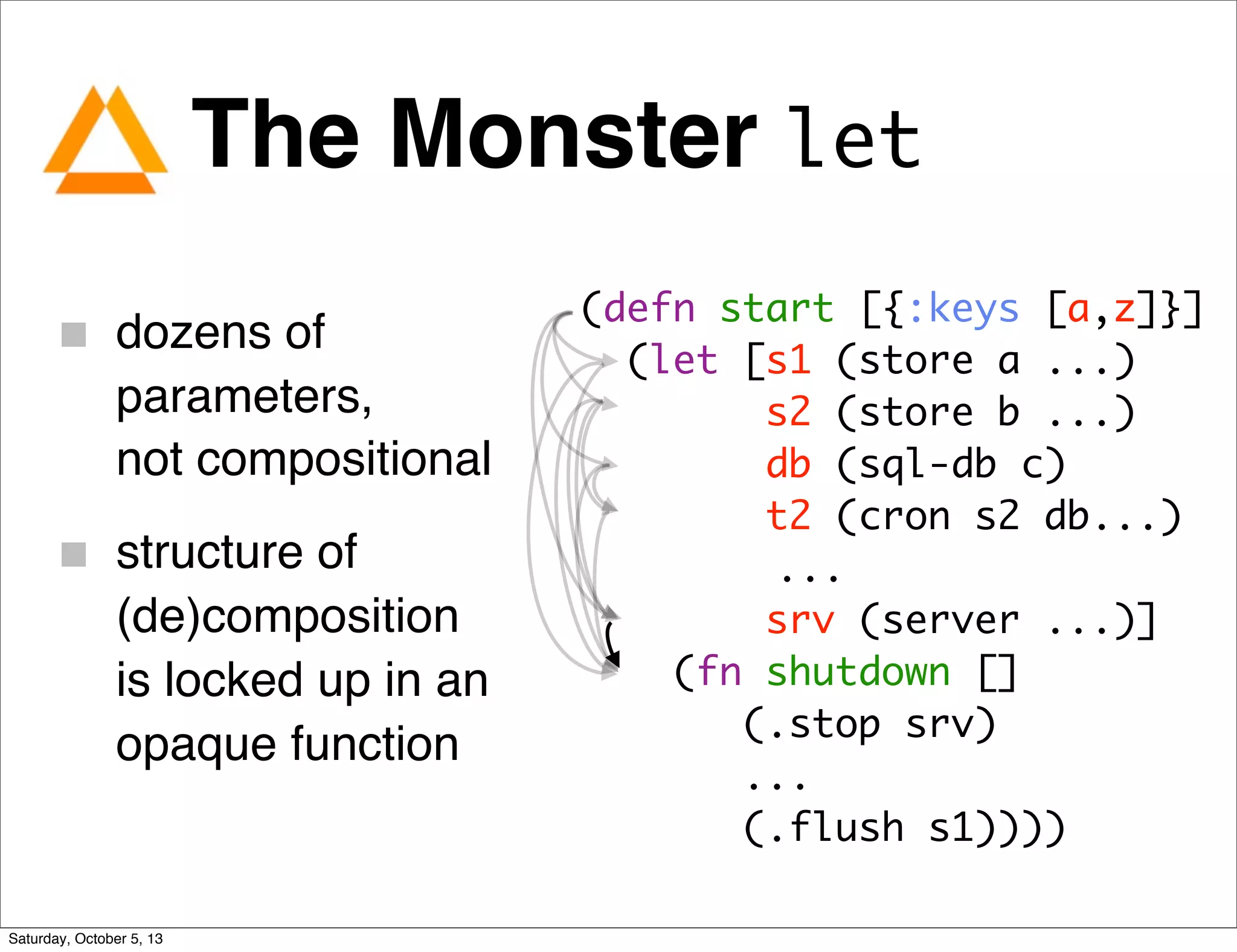 The Monster let
dozens of
parameters,
not compositional
structure of
(de)composition
is locked up in an
opaque function
(defn start [{:keys [a,z]}]
(let [s1 (store a ...)
s2 (store b ...)
db (sql-db c)
t2 (cron s2 db...)
...
srv (server ...)]
(fn shutdown []
(.stop srv)
...
(.flush s1))))
Saturday, October 5, 13
 