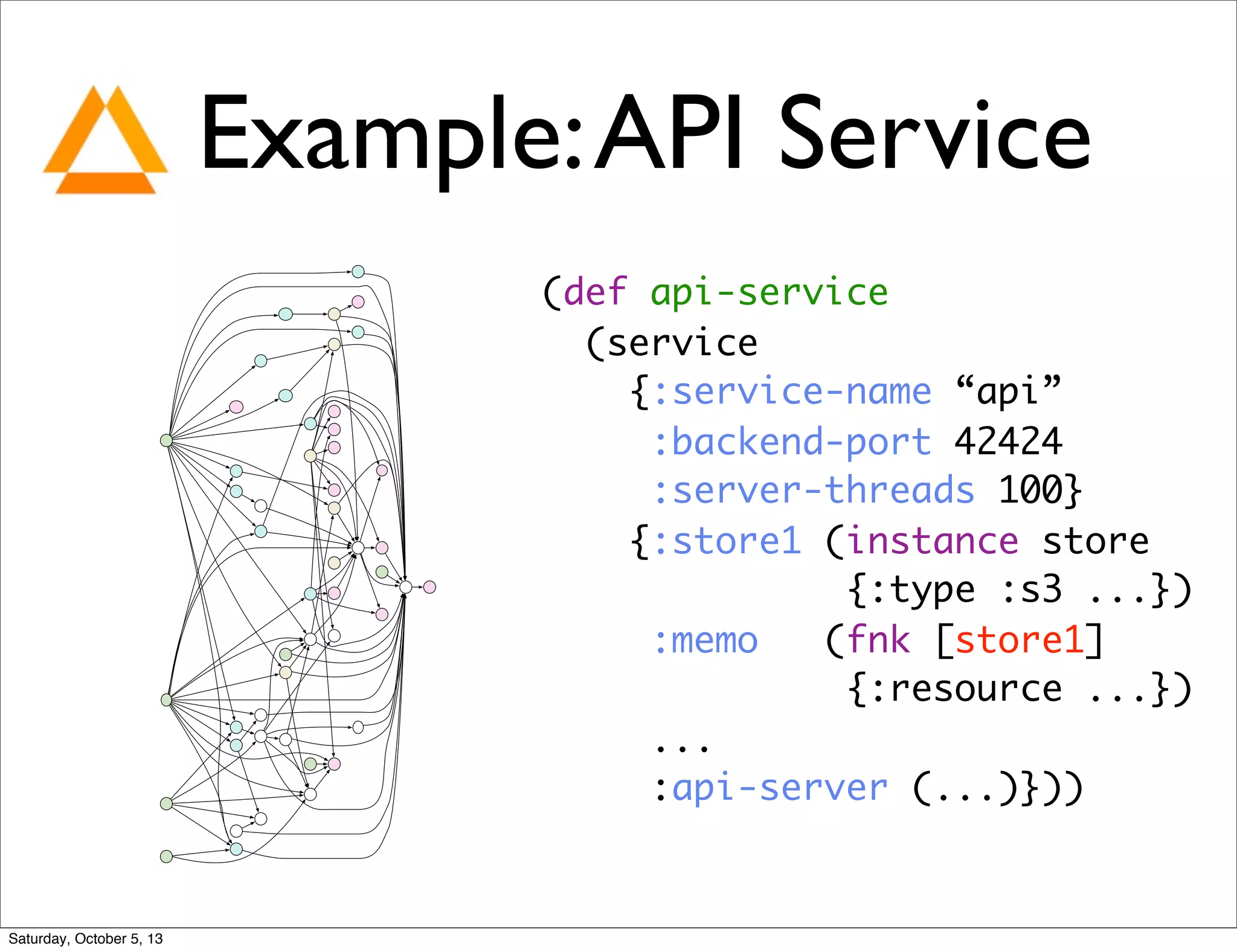 Example:API Service
(def api-service
(service
{:service-name “api”
:backend-port 42424
:server-threads 100}
{:store1 (instance store
{:type :s3 ...})
:memo (fnk [store1]
{:resource ...})
...
:api-server (...)}))
Saturday, October 5, 13
 