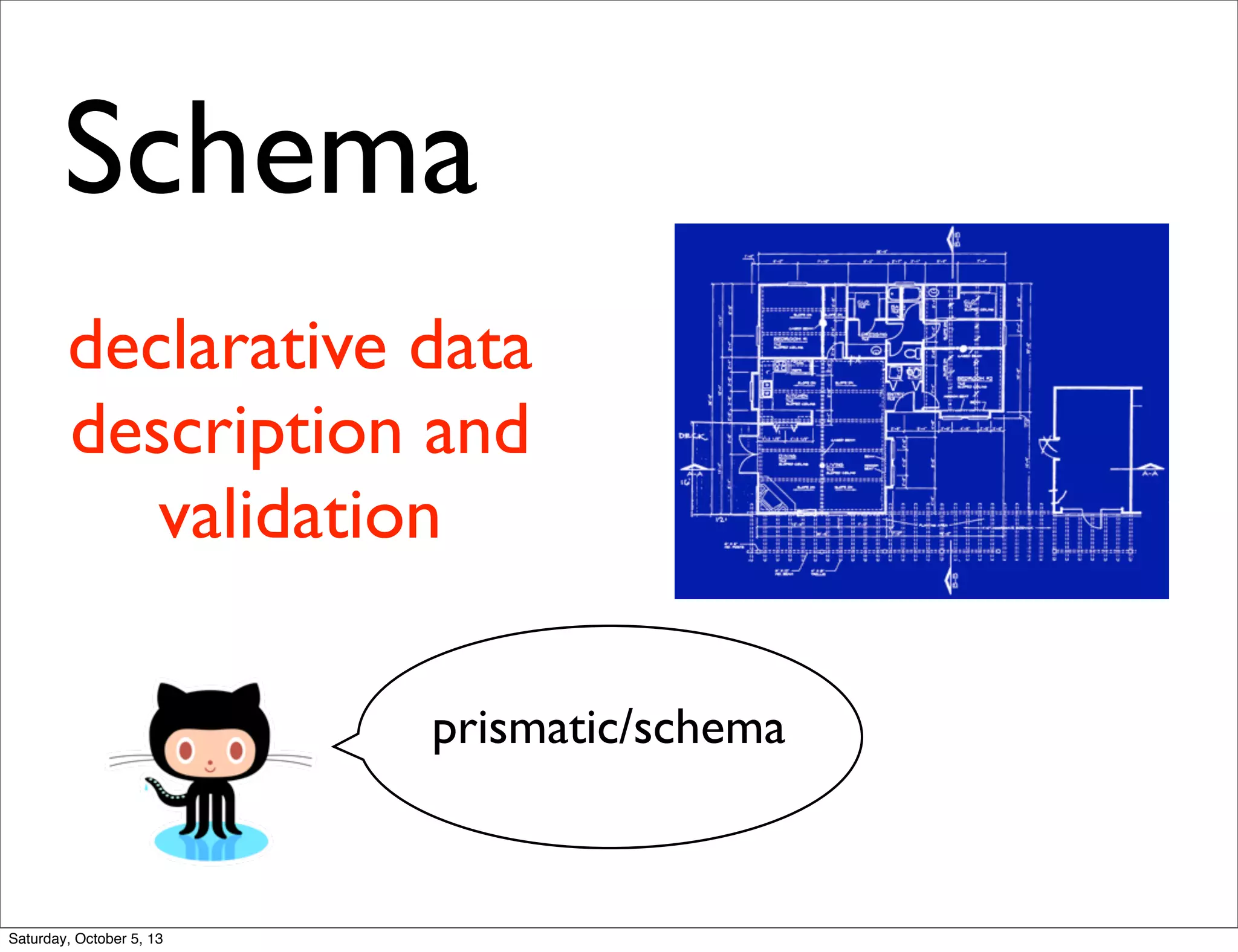 declarative data
description and
validation
prismatic/schema
Schema
Saturday, October 5, 13
 