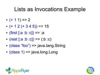 Lists as Invocations Example
● (+ 1 1) => 2
● (+ 1 2 (+ 3 4 5)) => 15
● (first [:a :b :c]) => :a
● (rest [:a :b :c]) => (:b :c)
● (class “foo”) => java.lang.String
● (class 1) => java.long.Long
 