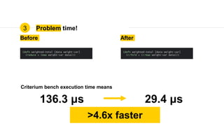Problem time!3
Before After
136.3 μs 29.4 μs
>4.6x faster
Criterium bench execution time means
(defn weighted-total [data weight-var]
(reduce + (map weight-var data)))
(defn weighted-total [data weight-var]
(r/fold + (r/map weight-var data)))
 