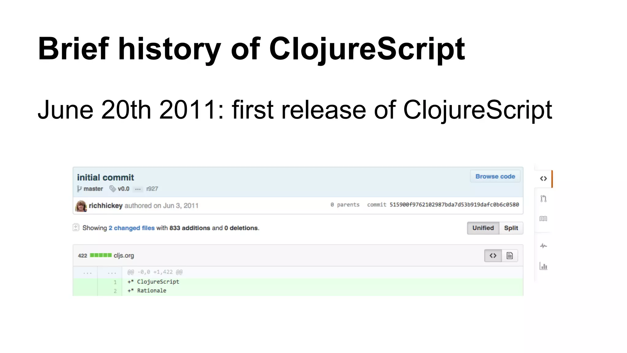 June 20th 2011: first release of ClojureScript
Brief history of ClojureScript
 