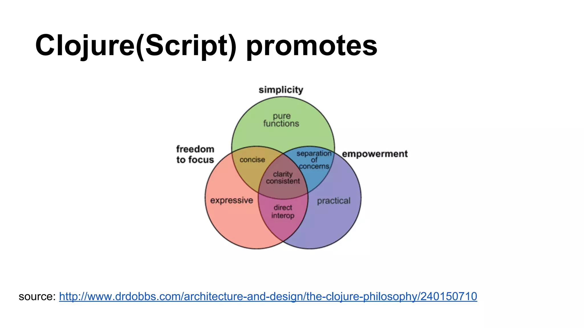 Clojure(Script) promotes
source: http://www.drdobbs.com/architecture-and-design/the-clojure-philosophy/240150710
 
