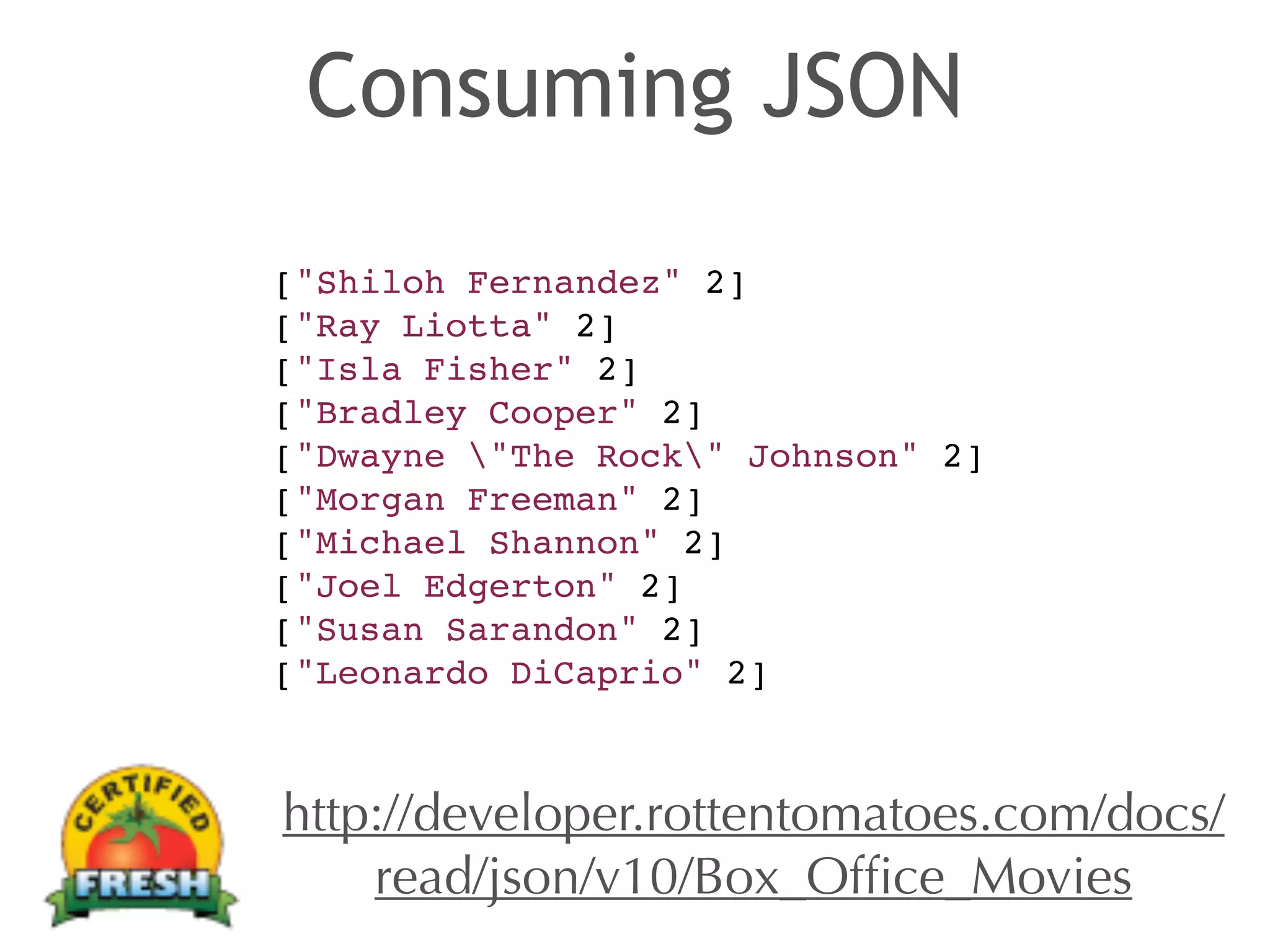Consuming JSON 
["Shiloh Fernandez" 2] ! 
["Ray Liotta" 2] ! 
["Isla Fisher" 2] ! 
["Bradley Cooper" 2] ! 
["Dwayne "The Rock" Johnson" 2] ! 
["Morgan Freeman" 2] ! 
["Michael Shannon" 2] ! 
["Joel Edgerton" 2] ! 
["Susan Sarandon" 2] ! 
["Leonardo DiCaprio" 2] 
http://developer.rottentomatoes.com/docs/ 
read/json/v10/Box_Office_Movies 
 