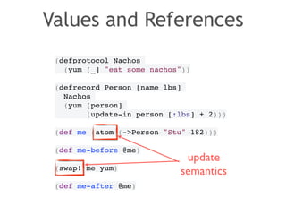 Values and References 
(defprotocol Nachos! 
(yum [_] "eat some nachos"))! 
! 
(defrecord Person [name lbs]! 
Nachos! 
(yum [person]! 
(update-in person [:lbs] + 2)))! 
! 
(def me (atom (->Person "Stu" 182)))! 
! 
(def me-before @me)! 
! 
(swap! me yum)! 
! 
(def me-after @me) 
update 
semantics 
 