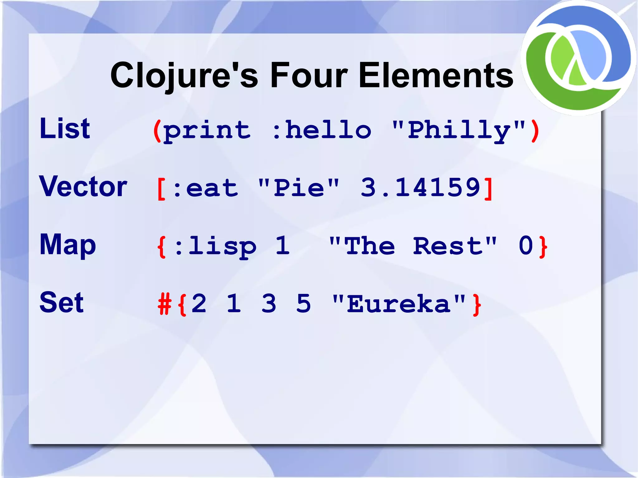 Clojure's Four Elements List (print :hello "Philly") Vector [:eat "Pie" 3.14159] Map {:lisp 1 "The Rest" 0} Set #{2 1 3 5 "Eureka"} 