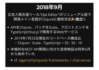 2018 92018 9
"Opt Editor"
Clojure ( ?)
API Clojure Scala
TypeScript/Vue.js Web
2019 7 25
Clojure : Scala : TypeScript = 35 : 35 : 10
REST API 6
cf. lagenorhynque/js-frameworks > chat-server
 