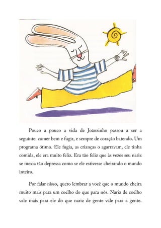Pouco a pouco a vida de Joãozinho passou a ser a
seguinte: comer bem e fugir, e sempre de coração batendo. Um
programa ótimo. Ele fugia, as crianças o agarravam, ele tinha
comida, ele era muito feliz. Era tão feliz que às vezes seu nariz
se mexia tão depressa como se ele estivesse cheirando o mundo
inteiro.
Por falar nisso, quero lembrar a você que o mundo cheira
muito mais para um coelho do que para nós. Nariz de coelho
vale mais para ele do que nariz de gente vale para a gente.
 