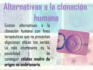 Existen alternativas a la
clonación humana con fines
terapéuticos que no presentan
objeciones éticas tan serias.
La más interesante es la
posibilidad                de
conseguir células madre de
origen no embrionario.
 