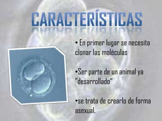 • En primer lugar se necesita
clonar las moléculas

•Ser parte de un animal ya
"desarrollado“

•se trata de crearlo de forma
asexual.
 