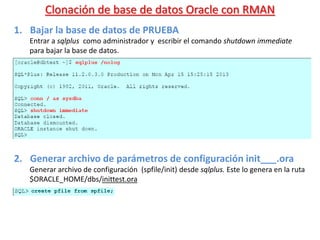 Clonación de base de datos Oracle con RMAN
1. Bajar la base de datos de PRUEBA
Entrar a sqlplus como administrador y escribir el comando shutdown immediate
para bajar la base de datos.
2. Generar archivo de parámetros de configuración init___.ora
Generar archivo de configuración (spfile/init) desde sqlplus. Este lo genera en la ruta
$ORACLE_HOME/dbs/inittest.ora
 
