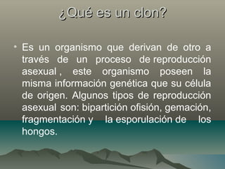 ¿Qué es un clon?¿Qué es un clon?
• Es un organismo que derivan de otro a
través de un proceso de reproducción
asexual , este organismo poseen la
misma información genética que su célula
de origen. Algunos tipos de reproducción
asexual son: bipartición ofisión, gemación,
fragmentación y la esporulación de los
hongos.
 