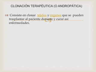 CLONACIÓN TERAPÉUTICA (O ANDROPÁTICA)
 Consiste en clonar tejidos y órganos que se pueden
trasplantar al paciente donante y curar así
enfermedades.



 