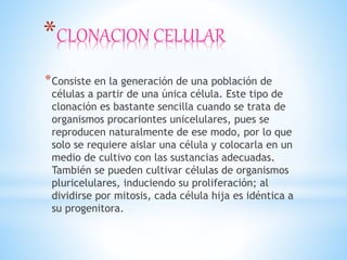 *CLONACION CELULAR
*Consiste en la generación de una población de
células a partir de una única célula. Este tipo de
clonación es bastante sencilla cuando se trata de
organismos procariontes unicelulares, pues se
reproducen naturalmente de ese modo, por lo que
solo se requiere aislar una célula y colocarla en un
medio de cultivo con las sustancias adecuadas.
También se pueden cultivar células de organismos
pluricelulares, induciendo su proliferación; al
dividirse por mitosis, cada célula hija es idéntica a
su progenitora.
 