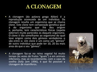 A CLONAGEM
 A clonagem (da palavra grega Kólon) é a

reprodução assexuada de um indivíduo. Da
clonagem resulta um organismo que se chama
clone. Este clone tem composição genética igual
à do organismo que lhe deu origem
e, portanto, tem características físicas (aspeto
exterior) muito parecidos às daquele organismo.
O clone é tão semelhante ao organismo do qual
teve origem como dois gémeos verdadeiros o
são entre si. Um clone é um como um “gémeo”
de outro indivíduo que pode ter 10, 20 ou mais
anos do que o seu “gémeo”.

 A clonagem faz-se no reino vegetal há muito

tempo (às vezes de frutos “iguais”) e em animais
inferiores, mas só recentemente, com o caso da
ovelha Dolly (em 1996), é que foi possível a
clonagem de mamíferos.

 