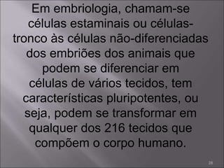 Em embriologia, chamam-se
células estaminais ou células-
tronco às células não-diferenciadas
dos embriões dos animais que
podem se diferenciar em
células de vários tecidos, tem
características pluripotentes, ou
seja, podem se transformar em
qualquer dos 216 tecidos que
compõem o corpo humano.
28
 