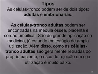 Tipos
As células-tronco podem ser de dois tipos:
adultas e embrionárias.
As células-tronco adultas podem ser
encontradas na medula óssea, placenta e
cordão umbilical. São de grande aplicação na
medicina, já estando em estágio de ampla
utilização. Além disso, como as células-
tronco adultas são geralmente retiradas do
próprio paciente, o risco de rejeição em sua
utilização é muito baixo.
29
 