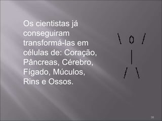 Os cientistas já
conseguiram
transformá-las em
células de: Coração,
Pâncreas, Cérebro,
Fígado, Múculos,
Rins e Ossos.
38
 