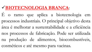 ✓BIOTECNOLOGIA BRANCA:
É o ramo que aplica a biotecnologia em
processos industriais. O principal objetivo desta
área é melhorar a sustentabilidade e a eficiência
nos processos de fabricação. Pode ser utilizada
na produção de alimentos, biocombustíveis,
cosméticos e até mesmo para vacinas.
 