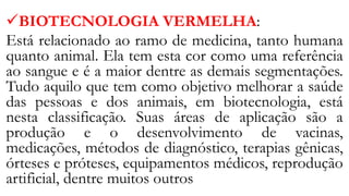 ✓BIOTECNOLOGIA VERMELHA:
Está relacionado ao ramo de medicina, tanto humana
quanto animal. Ela tem esta cor como uma referência
ao sangue e é a maior dentre as demais segmentações.
Tudo aquilo que tem como objetivo melhorar a saúde
das pessoas e dos animais, em biotecnologia, está
nesta classificação. Suas áreas de aplicação são a
produção e o desenvolvimento de vacinas,
medicações, métodos de diagnóstico, terapias gênicas,
órteses e próteses, equipamentos médicos, reprodução
artificial, dentre muitos outros
 