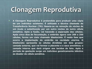 Clonagem Reprodutiva
A Clonagem Reprodutiva é pretendida para produzir uma cópia
de um indivíduo existente. É utilizada a técnica chamada de
Transferência Nuclear (TN): Baseia-se na remoção do núcleo de
um óvulo e substituição por um outro núcleo de outra célula
somática. Após a fusão, vai havendo a separação das células.
Após cinco dias de fecundação, o embrião agora com 200 a 250
células, forma um cisto chamado blastocisto. É nesta fase que
ocorre a implantação do embrião na cavidade uterina. O
blastocisto apresenta as células divididas em dois grupos:
camada externa, que vai formar a placenta e o saco amniótico; e
camada interna que dará origem aos tecidos do feto. Após o
período de gestação surge um indivíduo geneticamente idêntico
ao doador da célula somática.
 