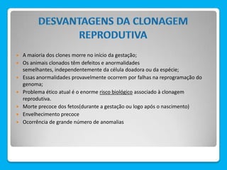  A maioria dos clones morre no início da gestação;
 Os animais clonados têm defeitos e anormalidades
semelhantes, independentemente da célula doadora ou da espécie;
 Essas anormalidades provavelmente ocorrem por falhas na reprogramação do
genoma;
 Problema ético atual é o enorme risco biológico associado à clonagem
reprodutiva.
 Morte precoce dos fetos(durante a gestação ou logo após o nascimento)
 Envelhecimento precoce
 Ocorrência de grande número de anomalias
 