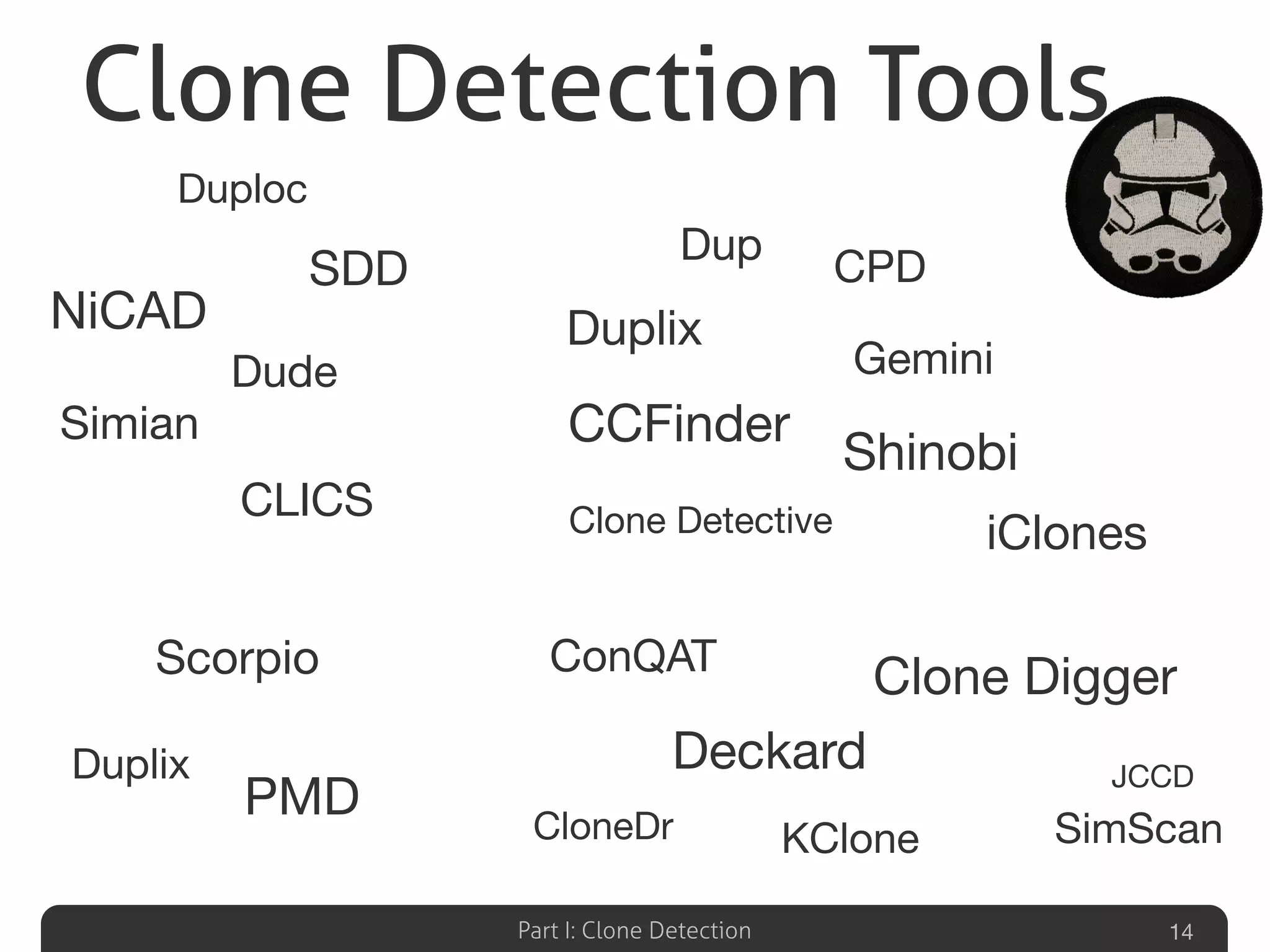 Part I: Clone Detection 14
Duplix
Scorpio
PMD
CCFinder
Dup
CPD
Duplix
Shinobi
Clone Detective
Gemini
iClones
KClone
ConQAT
Deckard
Clone Digger
JCCD
CloneDr SimScan
CLICS
NiCAD
Simian
Duploc
Dude
SDD
Clone Detection Tools
 