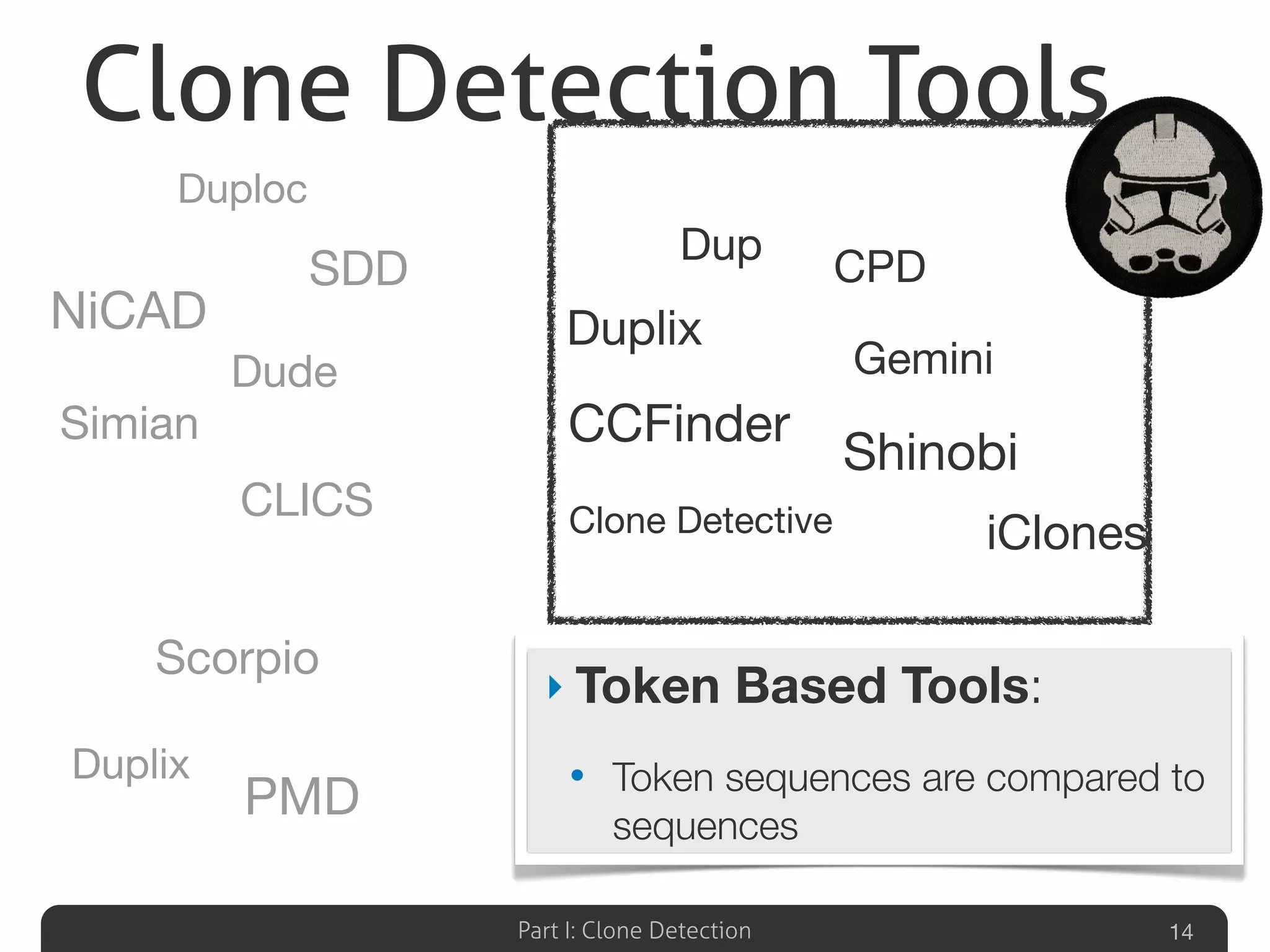 Part I: Clone Detection 14
Duplix
Scorpio
PMD
CCFinder
Dup
CPD
Duplix
Shinobi
Clone Detective
Gemini
iClones
KClone
ConQAT
Deckard
Clone Digger
JCCD
CloneDr SimScan
CLICS
NiCAD
Simian
Duploc
Dude
SDD
‣ Token Based Tools:
• Token sequences are compared to
sequences
Clone Detection Tools
 
