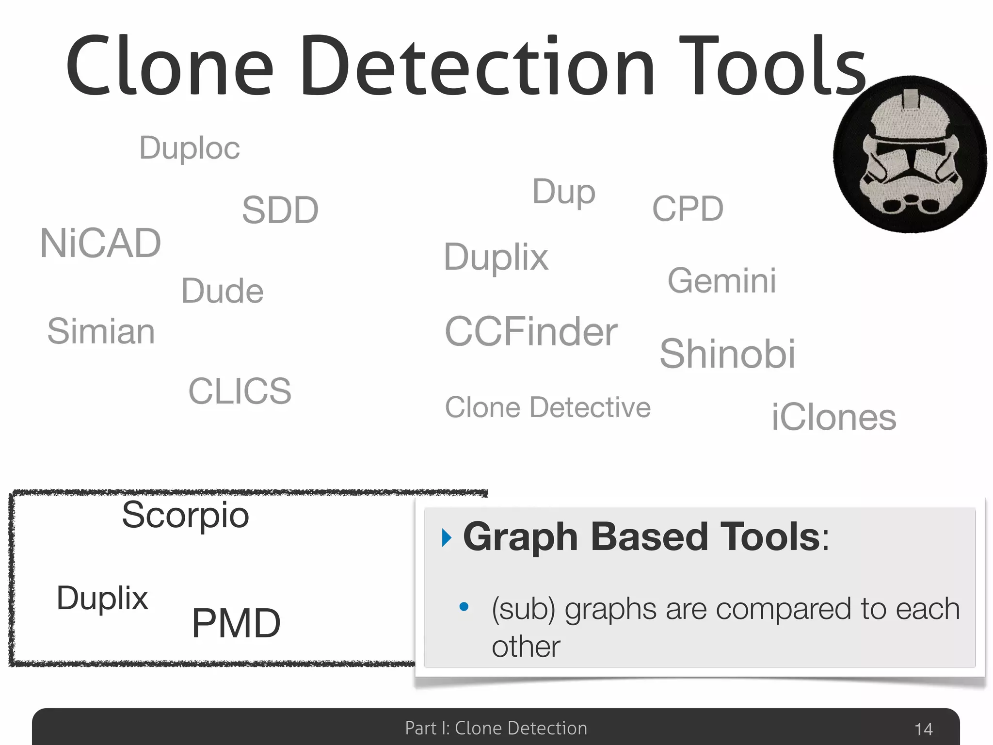 Part I: Clone Detection 14
Duplix
Scorpio
PMD
CCFinder
Dup
CPD
Duplix
Shinobi
Clone Detective
Gemini
iClones
KClone
ConQAT
Deckard
Clone Digger
JCCD
CloneDr SimScan
CLICS
NiCAD
Simian
Duploc
Dude
SDD
‣ Graph Based Tools:
• (sub) graphs are compared to each
other
Clone Detection Tools
 