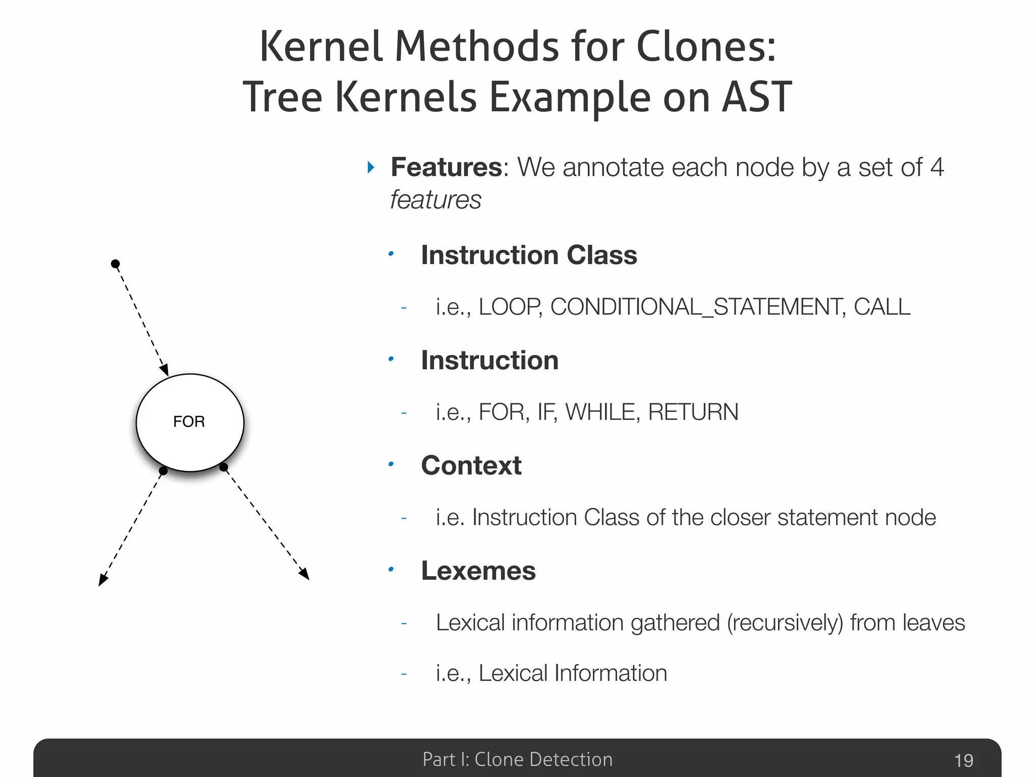 Part I: Clone Detection
Kernel Methods for Clones:
Tree Kernels Example on AST
‣ Features: We annotate each node by a set of 4
features
• Instruction Class
- i.e., LOOP, CONDITIONAL_STATEMENT, CALL
• Instruction
- i.e., FOR, IF, WHILE, RETURN
• Context
- i.e. Instruction Class of the closer statement node
• Lexemes
- Lexical information gathered (recursively) from leaves
- i.e., Lexical Information
19
FOR
 