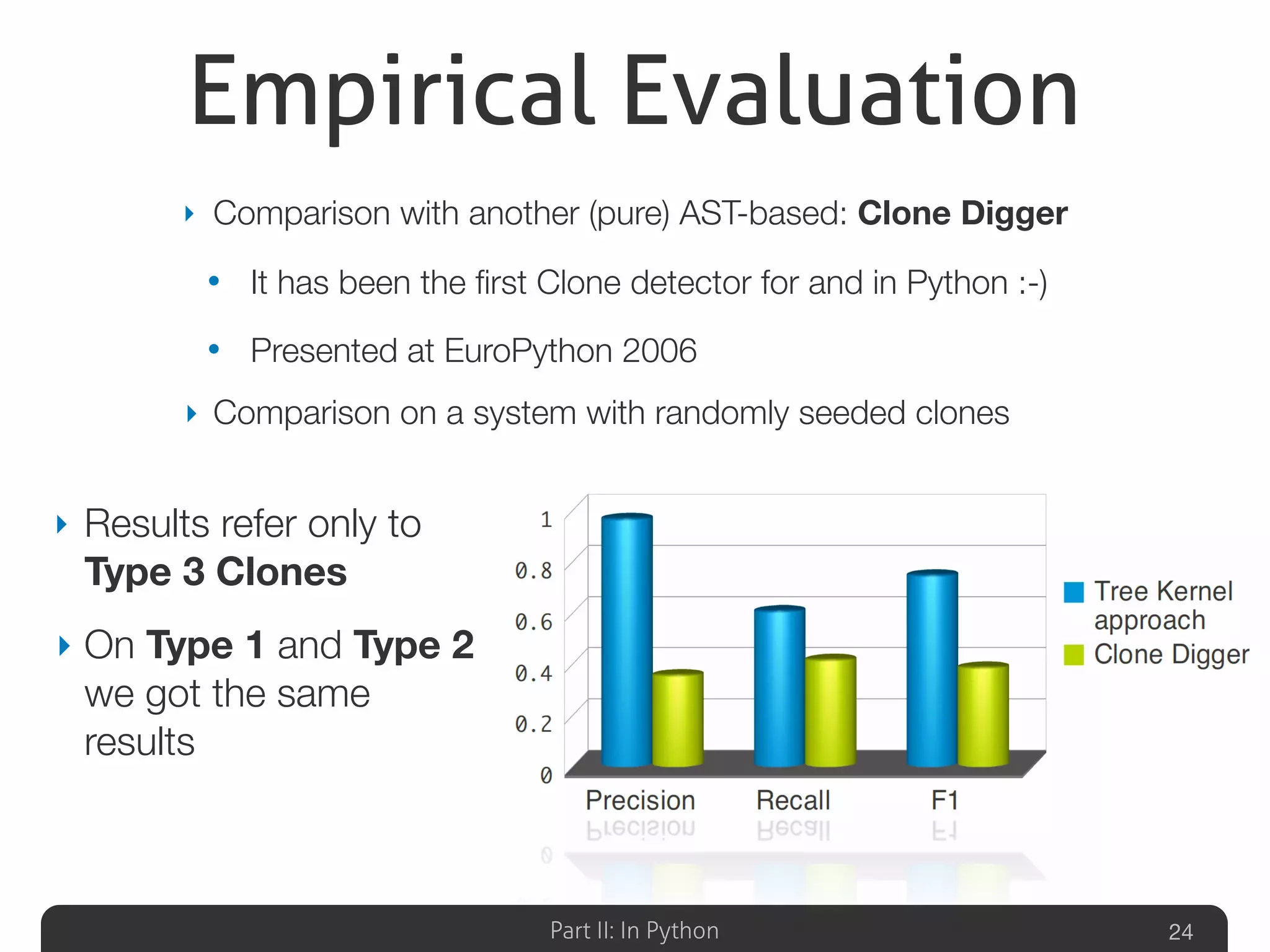 Part II: In Python
Empirical Evaluation
‣ Comparison with another (pure) AST-based: Clone Digger
• It has been the ﬁrst Clone detector for and in Python :-)
• Presented at EuroPython 2006
‣ Comparison on a system with randomly seeded clones
24
‣ Results refer only to
Type 3 Clones
‣ On Type 1 and Type 2
we got the same
results
 
