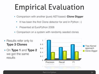 Part II: In Python
Empirical Evaluation
‣ Comparison with another (pure) AST-based: Clone Digger
• It has been the ﬁrst Clone detector for and in Python :-)
• Presented at EuroPython 2006
‣ Comparison on a system with randomly seeded clones
24
‣ Results refer only to
Type 3 Clones
‣ On Type 1 and Type 2
we got the same
results
 