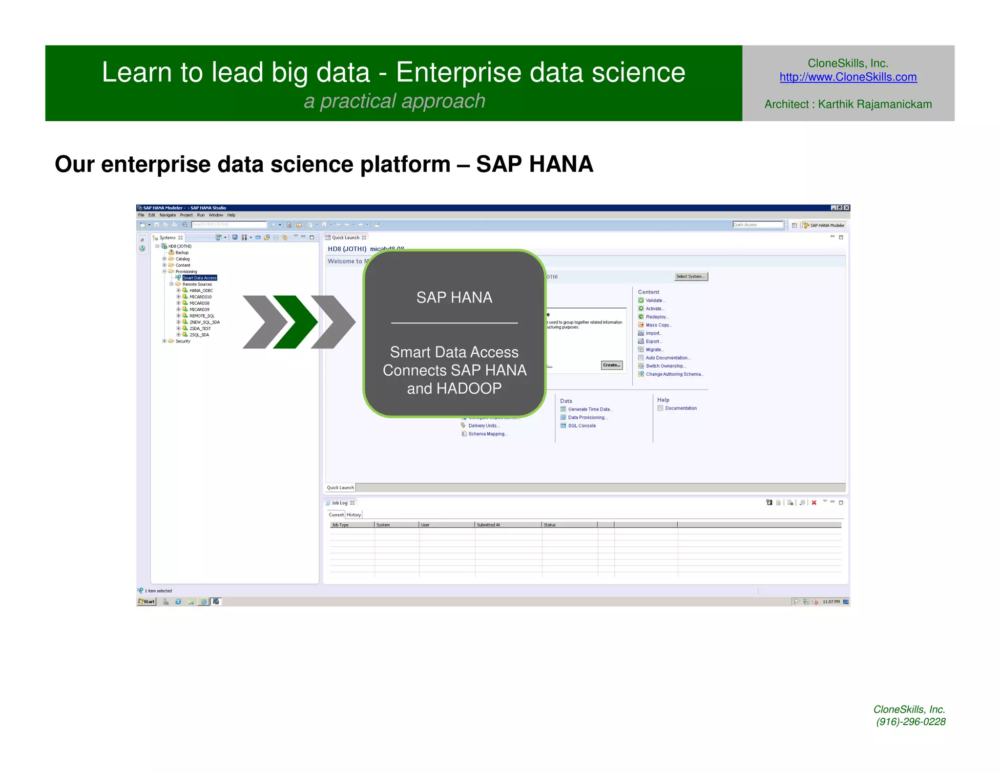 Learn to lead big data - Enterprise data science 
a practical approach 
CloneSkills, Inc. 
http://www.CloneSkills.com 
Architect : Karthik Rajamanickam 
Our enterprise data science platform – SAP HANA 
SAP HANA 
_______________ 
Smart Data Access 
Connects SAP HANA 
and HADOOP 
CloneSkills, Inc. 
(916)-296-0228 
 