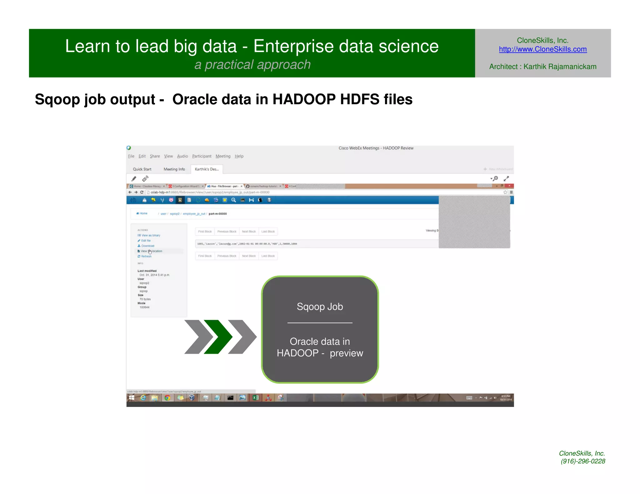 Learn to lead big data - Enterprise data science 
a practical approach 
CloneSkills, Inc. 
http://www.CloneSkills.com 
Architect : Karthik Rajamanickam 
Sqoop job output - Oracle data in HADOOP HDFS files 
Sqoop Job 
____________ 
Oracle data in 
HADOOP - preview 
CloneSkills, Inc. 
(916)-296-0228 
 