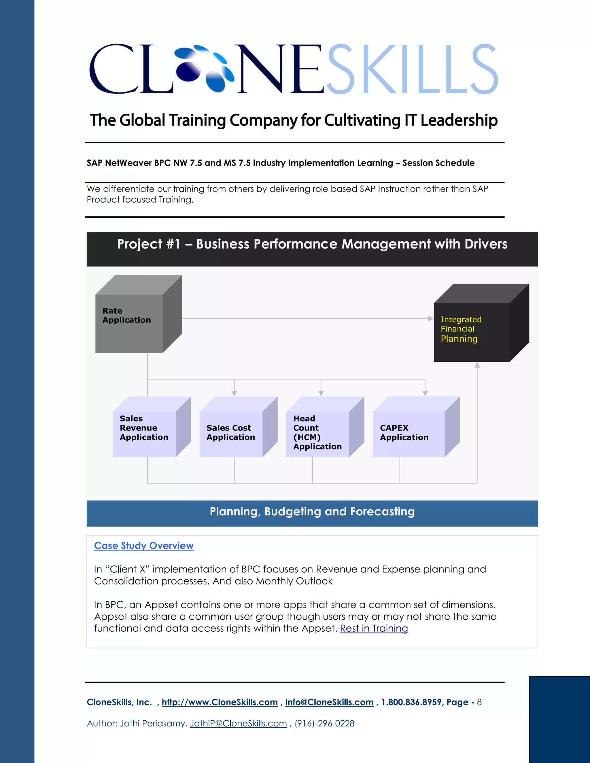 SAP NetWeaver BPC NW 7.5 and MS 7.5 Industry Implementation Learning – Session Schedule
We differentiate our training from others by delivering role based SAP Instruction rather than SAP
Product focused Training.
CloneSkills, Inc. , http://www.CloneSkills.com , Info@CloneSkills.com , 1.800.836.8959, Page - 8
Author: Jothi Periasamy, JothiP@CloneSkills.com , (916)-296-0228
Project #1 – Business Performance Management with Drivers
Sales
Revenue
Application
Rate
Application Integrated
Financial
Planning
Sales Cost
Application
Head
Count
(HCM)
Application
CAPEX
Application
Planning, Budgeting and Forecasting
Case Study Overview
In “Client X” implementation of BPC focuses on Revenue and Expense planning and
Consolidation processes. And also Monthly Outlook
In BPC, an Appset contains one or more apps that share a common set of dimensions.
Appset also share a common user group though users may or may not share the same
functional and data access rights within the Appset. Rest in Training
 