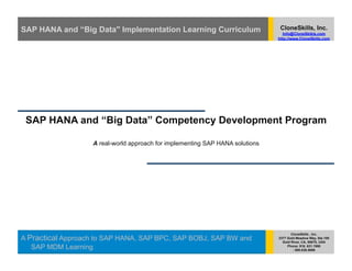 SAP HANA and “Big Data" Implementation Learning Curriculum                      CloneSkills, Inc.
                                                                                  Info@CloneSkikls.com
                                                                               http://www.CloneSkills.com




 SAP HANA and “Big Data” Competency Development Program

                   A real-world approach for implementing SAP HANA solutions




                                                                                      CloneSkills , Inc.
A Practical Approach to SAP HANA, SAP BPC, SAP BOBJ, SAP BW and                2377 Gold Meadow Way, Ste.100
                                                                                 Gold River, CA, 95670, USA
   SAP MDM Learning                                                                 Phone: 916. 631.1980
                                                                                       : 800.836.5696
 