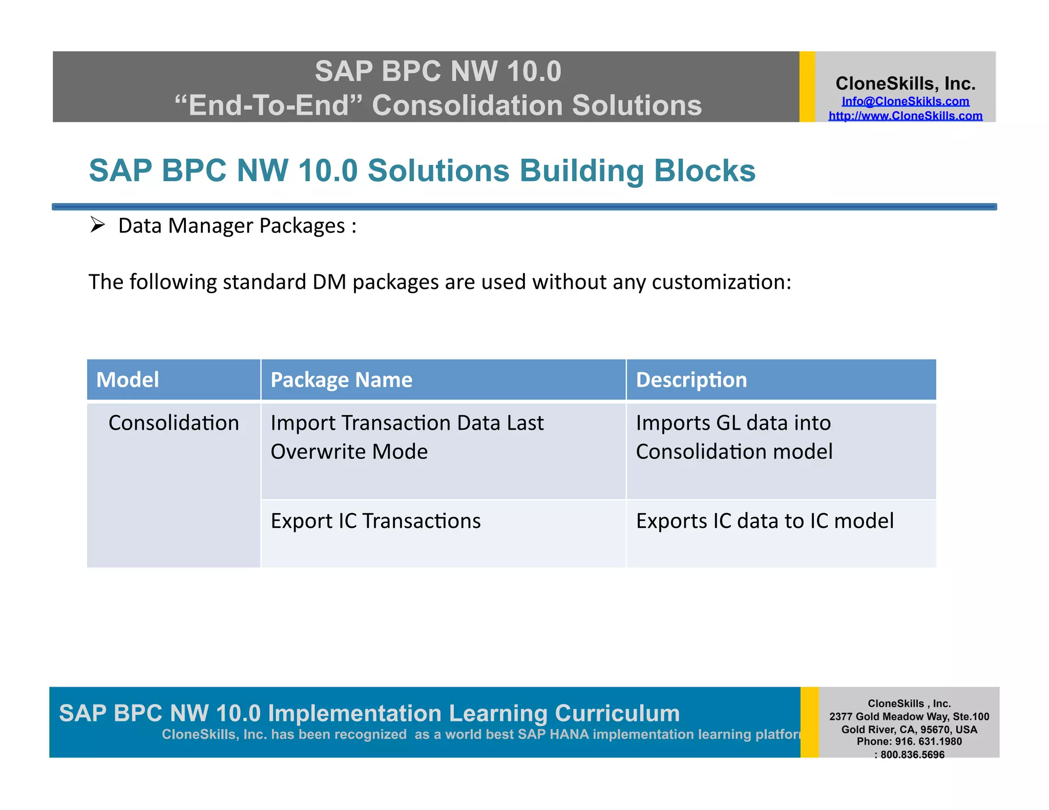 SAP BPC NW 10.0                                                                            CloneSkills, Inc.
               “End-To-End” Consolidation Solutions                                                                  Info@CloneSkikls.com
                                                                                                                  http://www.CloneSkills.com




  SAP BPC NW 10.0 Solutions Building Blocks
    Data	
  Manager	
  Packages	
  :	
  

  The	
  following	
  standard	
  DM	
  packages	
  are	
  used	
  without	
  any	
  customiza>on:	
  



   Model	
                 Package	
  Name	
                                     Descrip2on	
  
    Consolida>on	
         Import	
  Transac>on	
  Data	
  Last	
                Imports	
  GL	
  data	
  into	
  
                           Overwrite	
  Mode	
                                   Consolida>on	
  model	
  

                           Export	
  IC	
  Transac>ons	
                         Exports	
  IC	
  data	
  to	
  IC	
  model	
  




                                                                                                                         CloneSkills , Inc.
SAP BPC NW 10.0 Implementation Learning Curriculum
                                        SAP HANA
                                                                                                                  2377 Gold Meadow Way, Ste.100
                                                                                                                    Gold River, CA, 95670, USA
            CloneSkills, Inc. has been recognized as a world best SAP HANA implementation learning platform            Phone: 916. 631.1980
                                                                                                                          : 800.836.5696
 