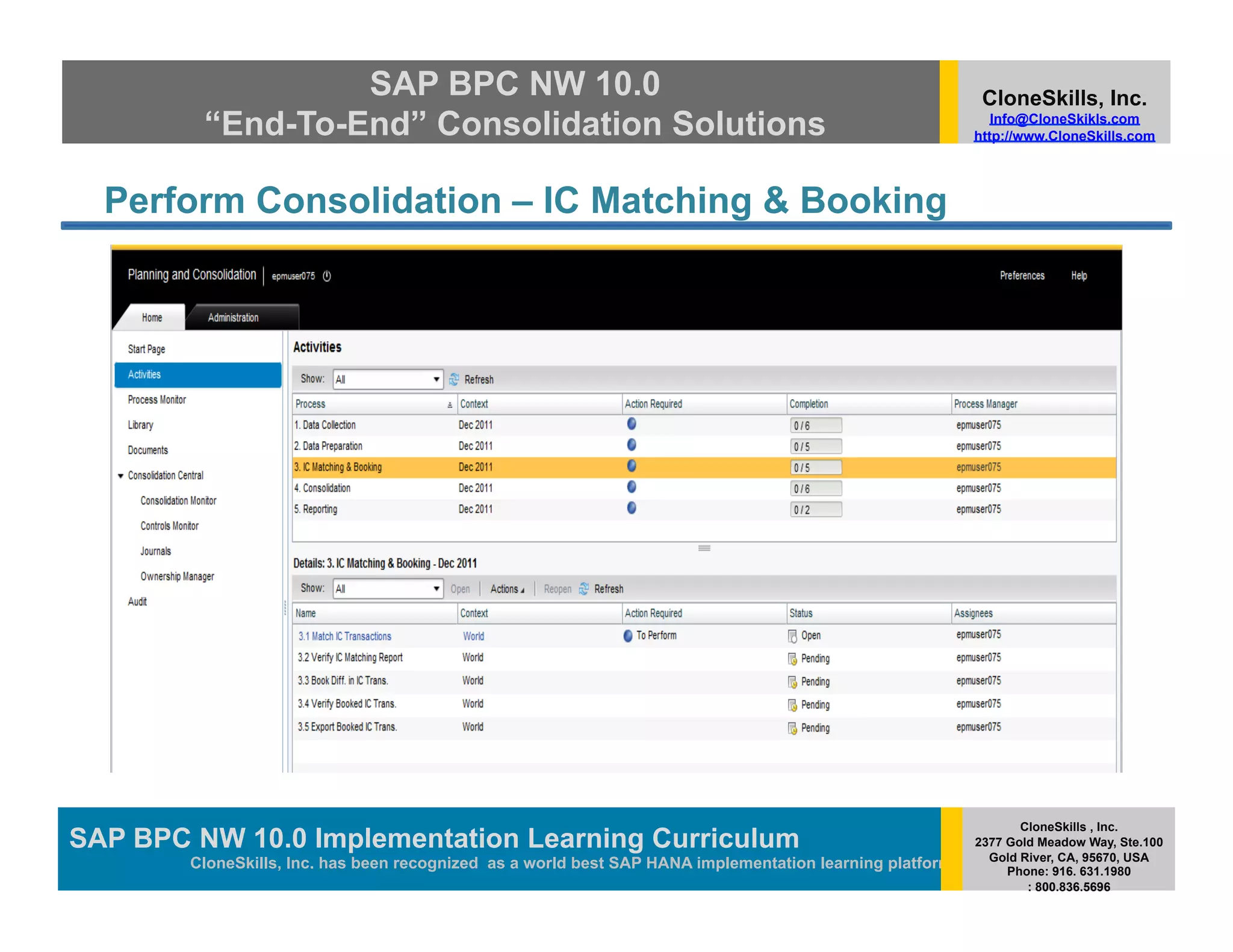SAP BPC NW 10.0                                                                          CloneSkills, Inc.
         “End-To-End” Consolidation Solutions                                                                Info@CloneSkikls.com
                                                                                                          http://www.CloneSkills.com




  Perform Consolidation – IC Matching & Booking




                                                                                                                 CloneSkills , Inc.
SAP BPC NW 10.0 Implementation Learning Curriculum
                                        SAP HANA
                                                                                                          2377 Gold Meadow Way, Ste.100
                                                                                                            Gold River, CA, 95670, USA
        CloneSkills, Inc. has been recognized as a world best SAP HANA implementation learning platform        Phone: 916. 631.1980
                                                                                                                  : 800.836.5696
 