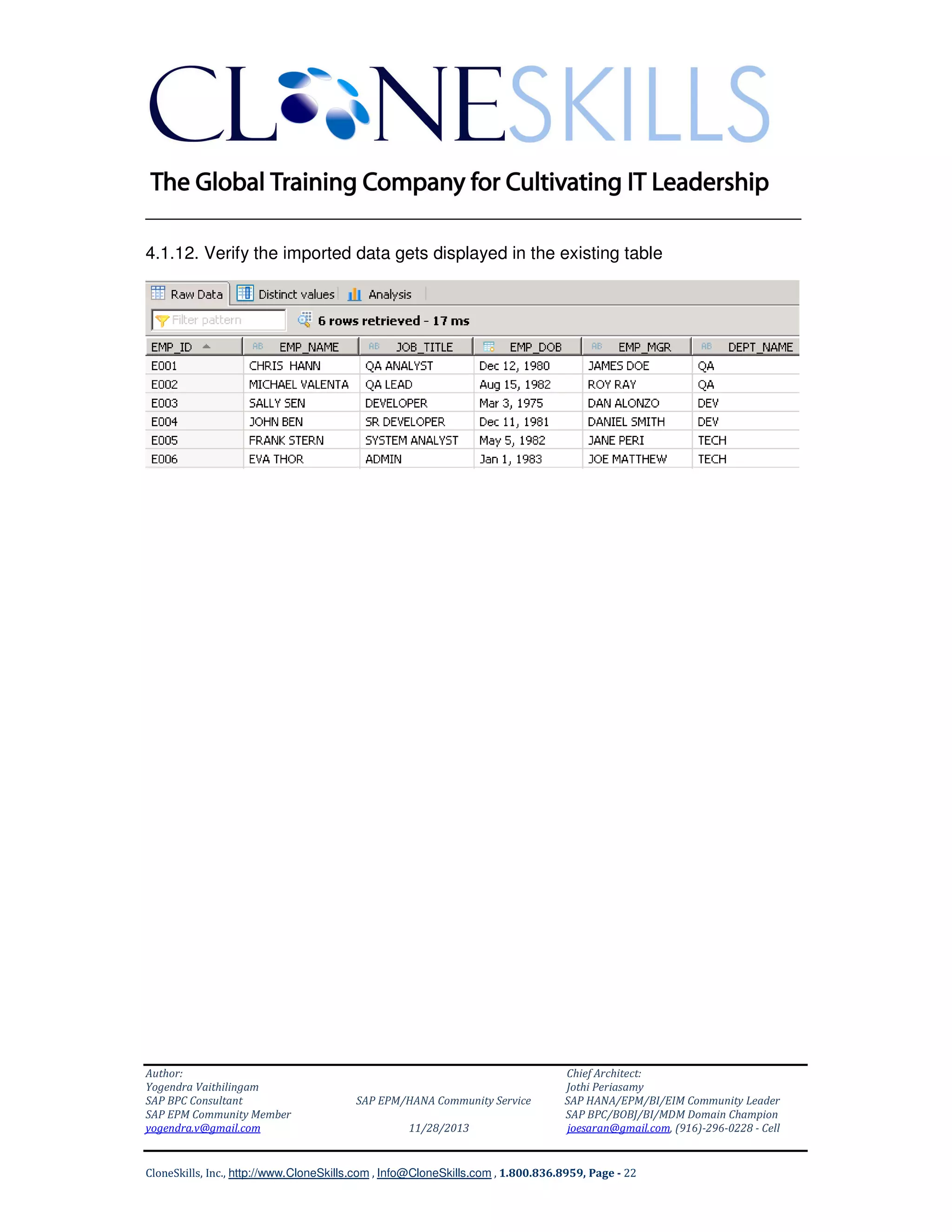 ______________________________________________________________
4.1.12. Verify the imported data gets displayed in the existing table

Author:
Yogendra Vaithilingam
SAP BPC Consultant
SAP EPM Community Member
yogendra.v@gmail.com

SAP EPM/HANA Community Service
11/28/2013

Chief Architect:
Jothi Periasamy
SAP HANA/EPM/BI/EIM Community Leader
SAP BPC/BOBJ/BI/MDM Domain Champion
joesaran@gmail.com, (916)-296-0228 - Cell

CloneSkills, Inc., http://www.CloneSkills.com , Info@CloneSkills.com , 1.800.836.8959, Page - 22

 