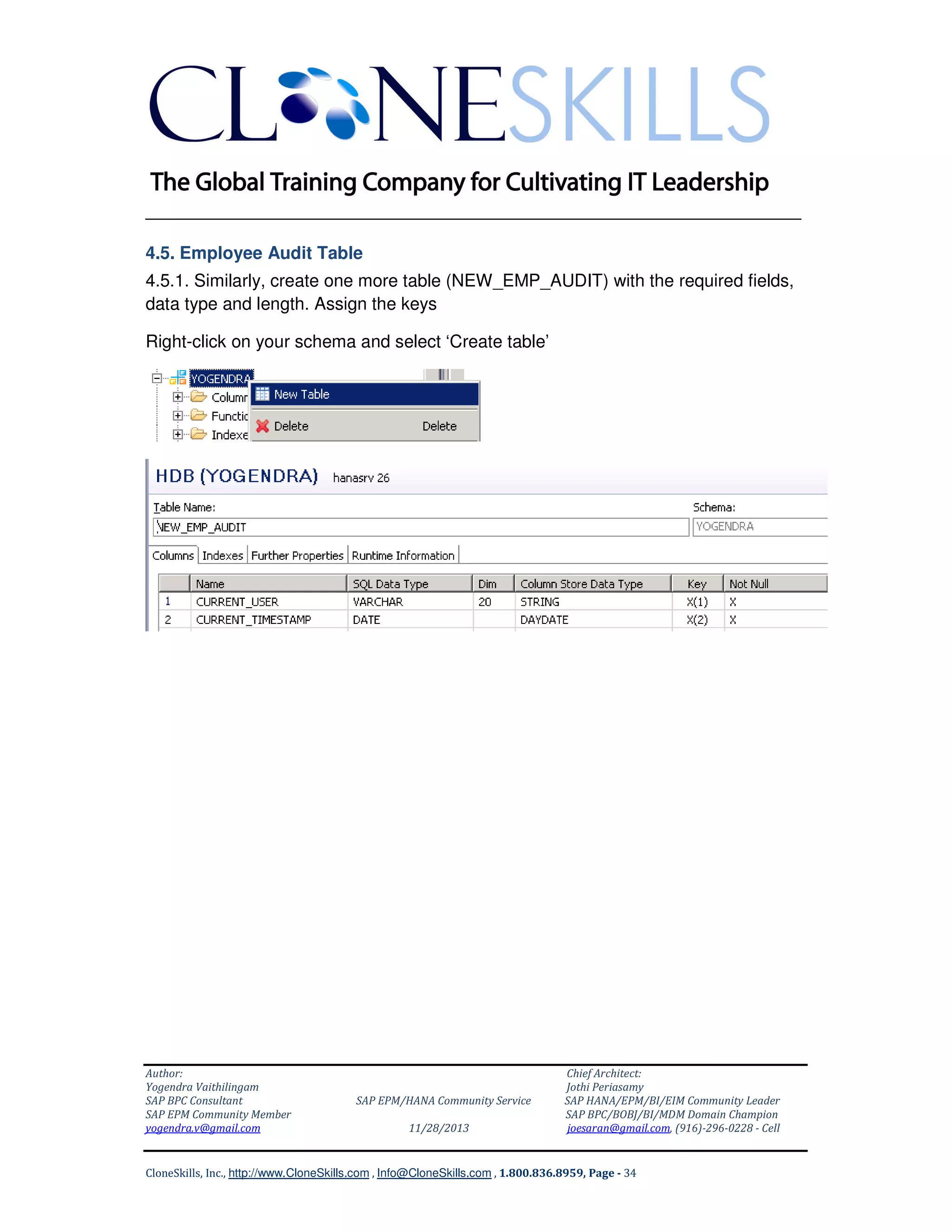 ______________________________________________________________
4.5. Employee Audit Table
4.5.1. Similarly, create one more table (NEW_EMP_AUDIT) with the required fields,
data type and length. Assign the keys
Right-click on your schema and select ‘Create table’

Author:
Yogendra Vaithilingam
SAP BPC Consultant
SAP EPM Community Member
yogendra.v@gmail.com

SAP EPM/HANA Community Service
11/28/2013

Chief Architect:
Jothi Periasamy
SAP HANA/EPM/BI/EIM Community Leader
SAP BPC/BOBJ/BI/MDM Domain Champion
joesaran@gmail.com, (916)-296-0228 - Cell

CloneSkills, Inc., http://www.CloneSkills.com , Info@CloneSkills.com , 1.800.836.8959, Page - 34

 