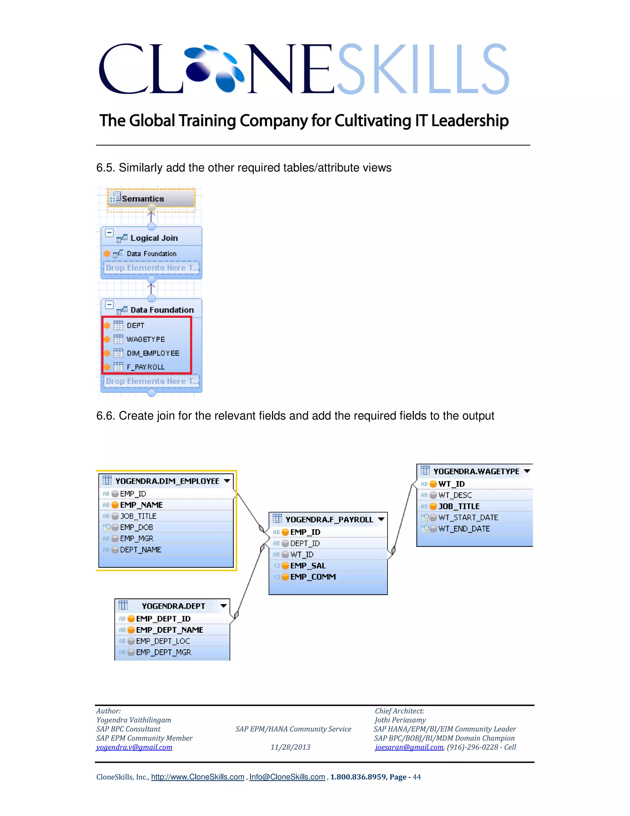 ______________________________________________________________
6.5. Similarly add the other required tables/attribute views

6.6. Create join for the relevant fields and add the required fields to the output

Author:
Yogendra Vaithilingam
SAP BPC Consultant
SAP EPM Community Member
yogendra.v@gmail.com

SAP EPM/HANA Community Service
11/28/2013

Chief Architect:
Jothi Periasamy
SAP HANA/EPM/BI/EIM Community Leader
SAP BPC/BOBJ/BI/MDM Domain Champion
joesaran@gmail.com, (916)-296-0228 - Cell

CloneSkills, Inc., http://www.CloneSkills.com , Info@CloneSkills.com , 1.800.836.8959, Page - 44

 
