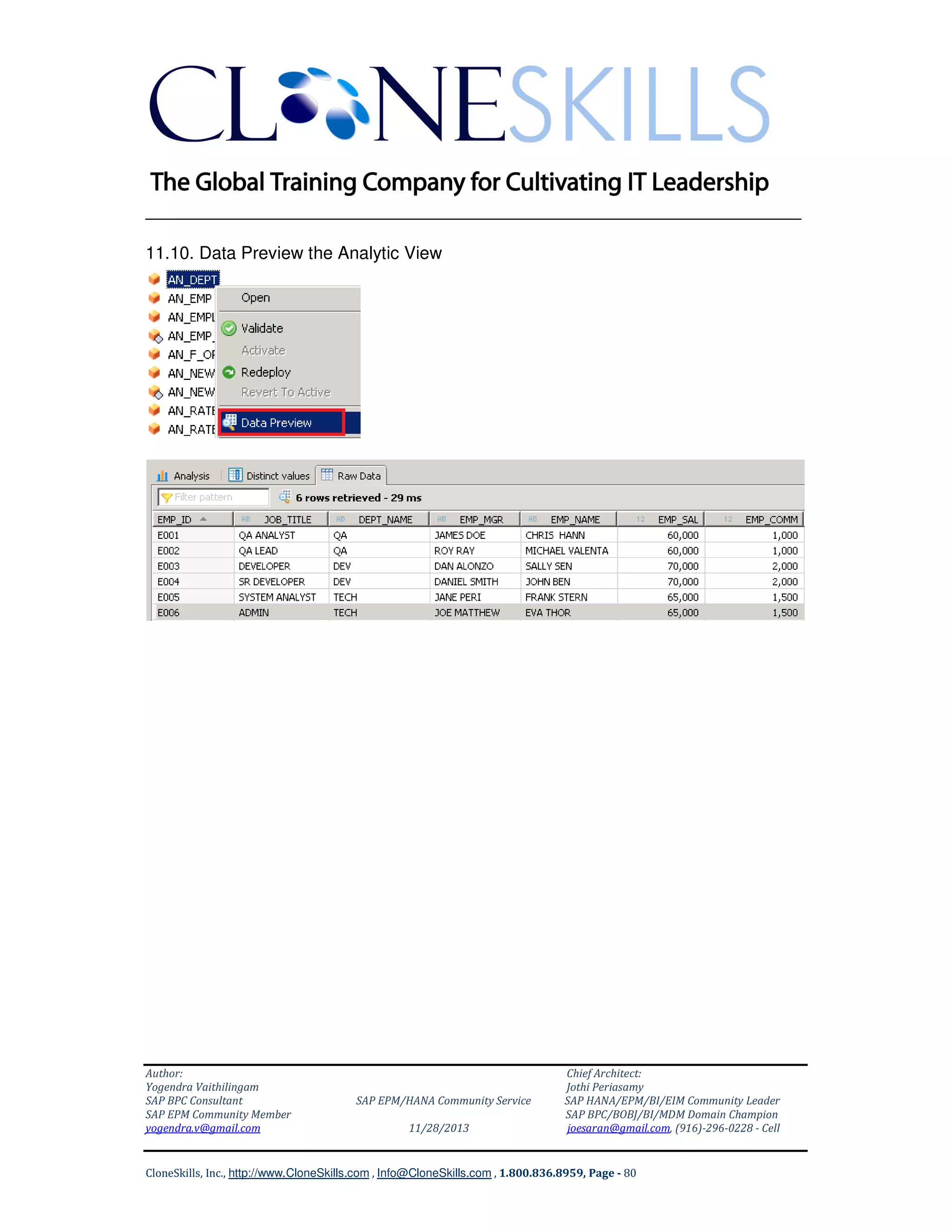 ______________________________________________________________
11.10. Data Preview the Analytic View

Author:
Yogendra Vaithilingam
SAP BPC Consultant
SAP EPM Community Member
yogendra.v@gmail.com

SAP EPM/HANA Community Service
11/28/2013

Chief Architect:
Jothi Periasamy
SAP HANA/EPM/BI/EIM Community Leader
SAP BPC/BOBJ/BI/MDM Domain Champion
joesaran@gmail.com, (916)-296-0228 - Cell

CloneSkills, Inc., http://www.CloneSkills.com , Info@CloneSkills.com , 1.800.836.8959, Page - 80

 