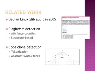  Debian   Linux zlib audit in 2005

 Plagiarism   detection
    Attribute counting
    Structure-based


 Code   clone detection
     Tokenization
                                                  if
 
                                       condition then    else

    Abstract syntax trees        ==            return          =




                             x    0                             x   1
 