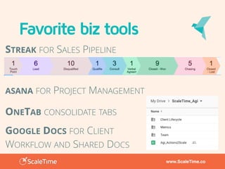 www.ScaleTime.co
Favorite biz tools
STREAK FOR SALES PIPELINE
ASANA FOR PROJECT MANAGEMENT
GOOGLE DOCS FOR CLIENT
WORKFLOW AND SHARED DOCS
ONETAB CONSOLIDATE TABS
 