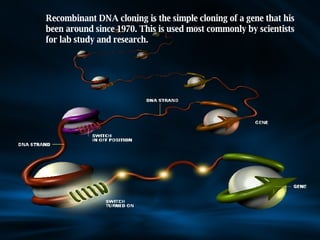 Recombinant DNA cloning is the simple cloning of a gene that his been around since 1970. This is used most commonly by scientists for lab study and research.