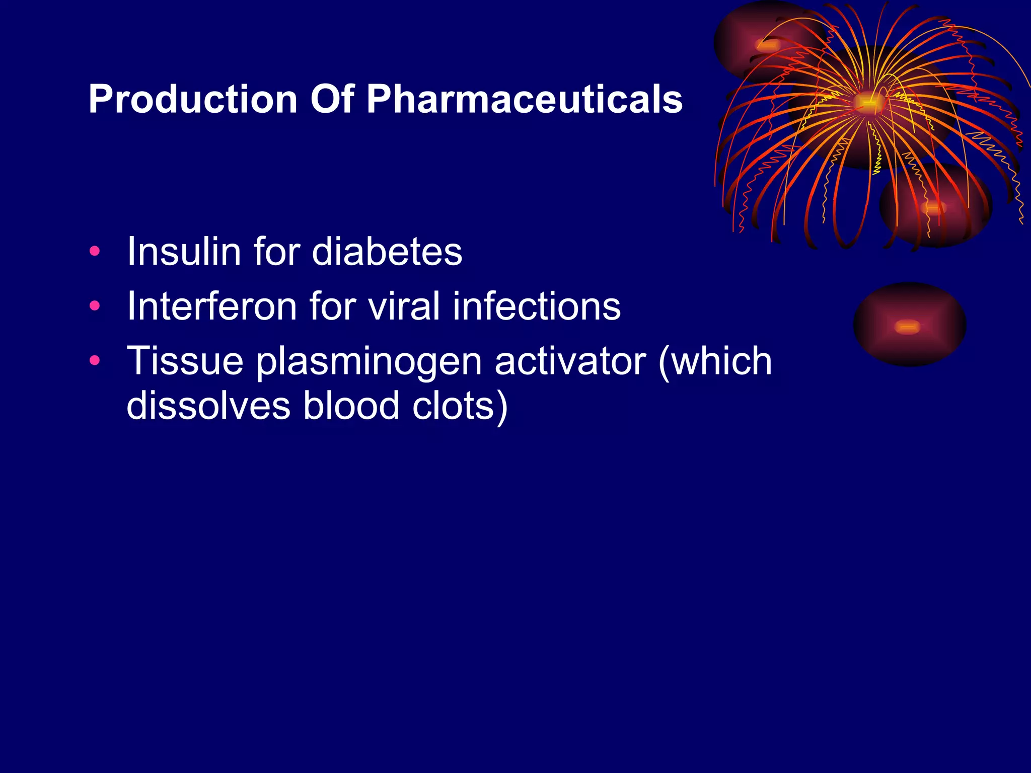 Production Of Pharmaceuticals Insulin for diabetes Interferon for viral infections Tissue plasminogen activator (which dissolves blood clots) 