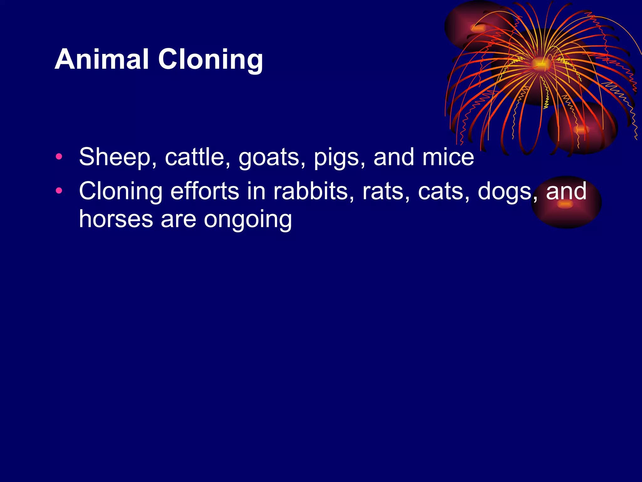 Animal Cloning Sheep, cattle, goats, pigs, and mice Cloning efforts in rabbits, rats, cats, dogs, and horses are ongoing  